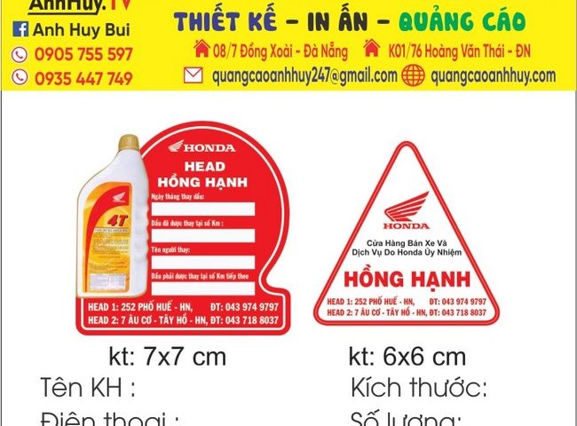 TEM DÁN NHẮC THAY DẦU - THAY NHỚT XE MÁY ĐÀ NẴNG 0935447749