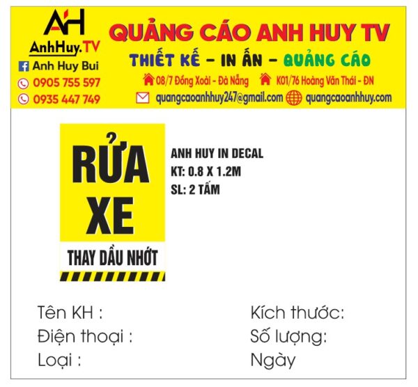 In decal dán bảng hiệu mẫu rửa xe thay dầu nhớt tại Đà Nẵng